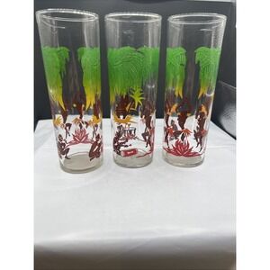 Set of 3 Vintage Federal Glass MCM Dancing Natives Tiki Tom Collins Glasses 6.75